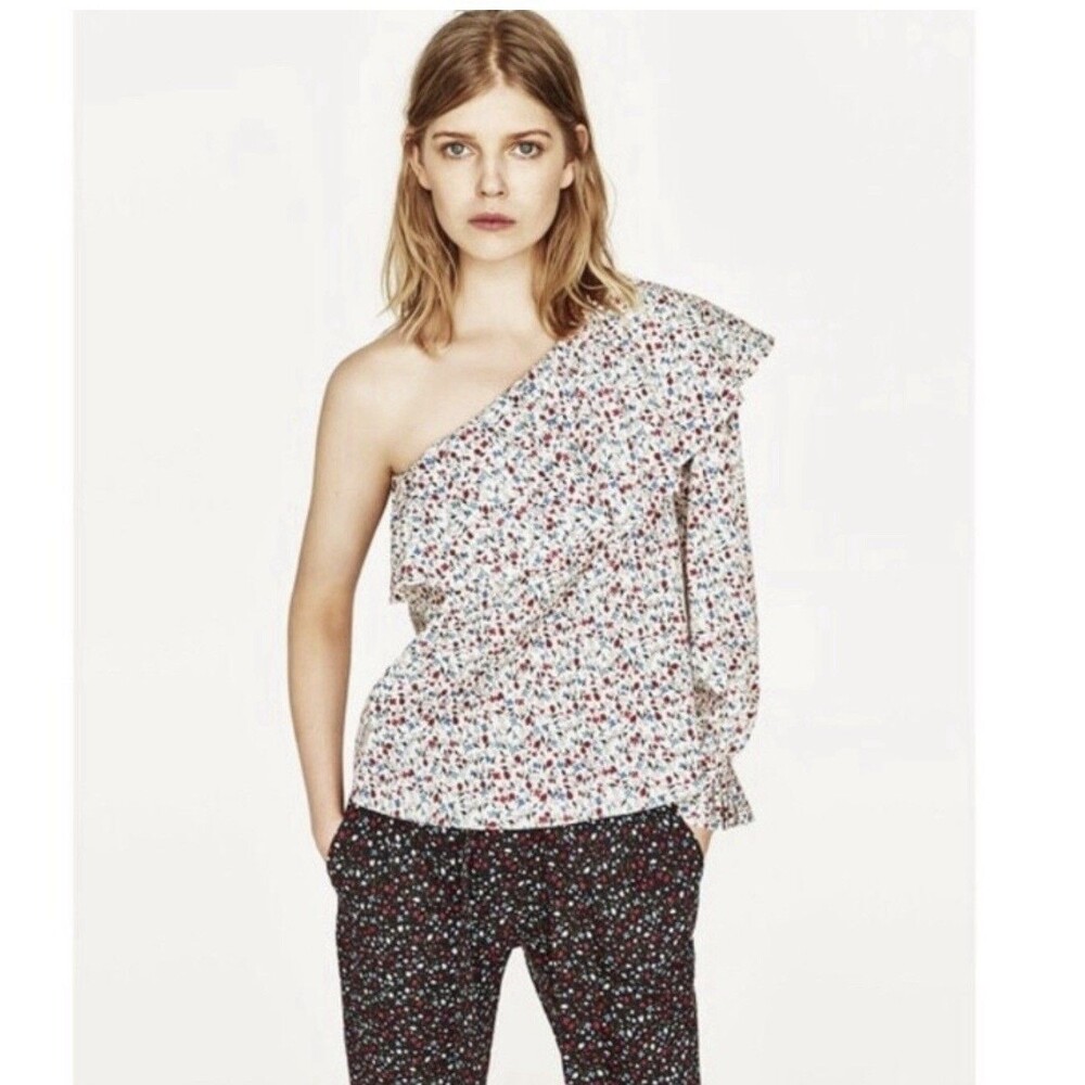 Zara Womens Top Size Small Floral One Sleeve One Shoulder‎ White Ruffle Blouse